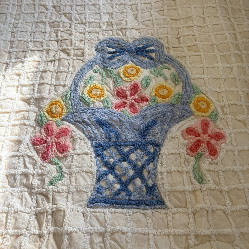 Vintage Chenille Flower Basket Small Throw Blanket 50x40" Spring Cottage Flowers